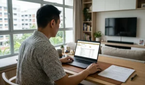 Singapore homeowner checking CaseTrust accreditation status online before signing renovation contract