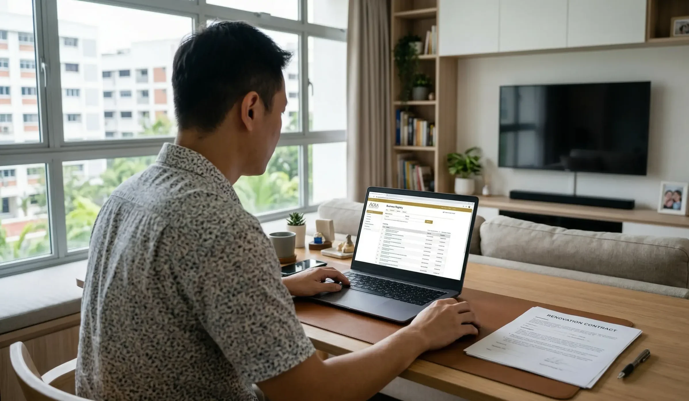Singapore homeowner checking CaseTrust accreditation status online before signing renovation contract