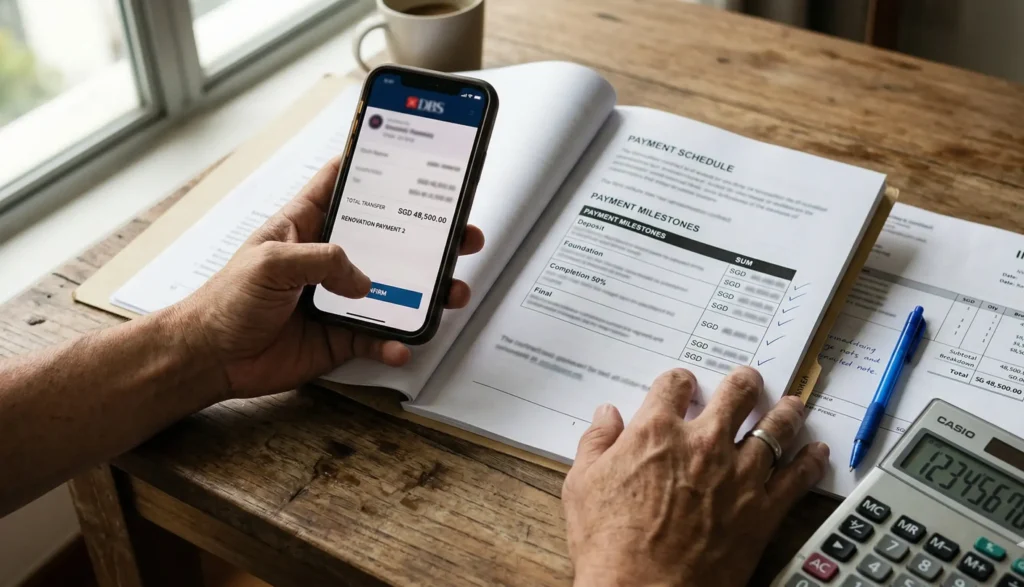 Singapore homeowner reviewing interior design payment contract before making first payment to ID