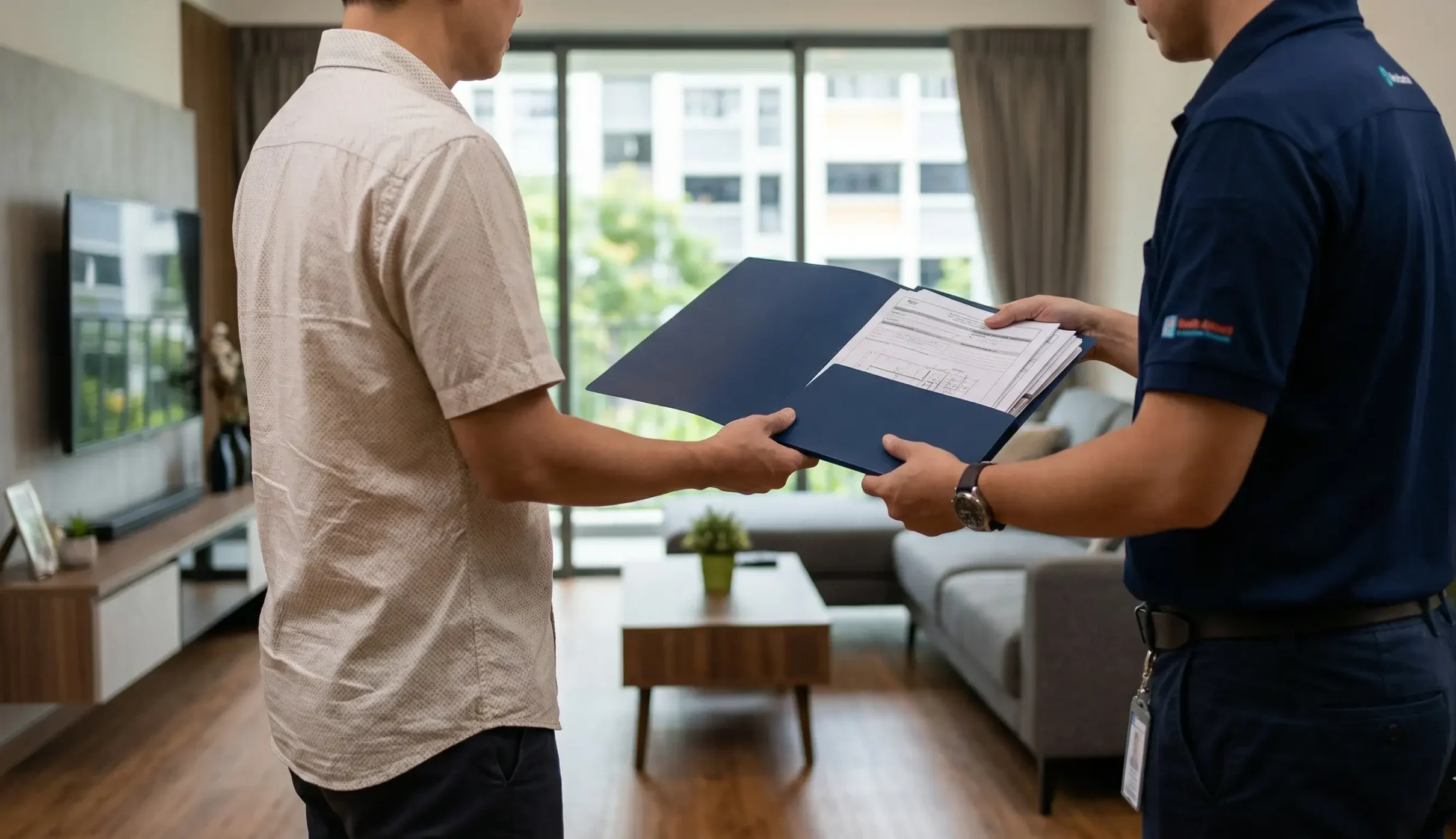 Singapore homeowner reviewing renovation insurance certificate alongside contractor documents before works begin