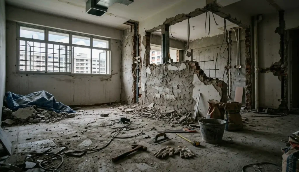 Empty Singapore HDB flat mid-renovation with hacked walls and no workers present