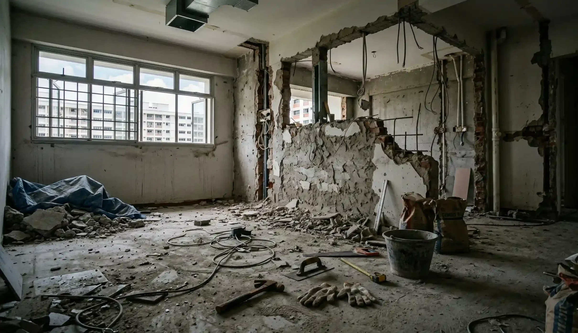 Empty Singapore HDB flat mid-renovation with hacked walls and no workers present