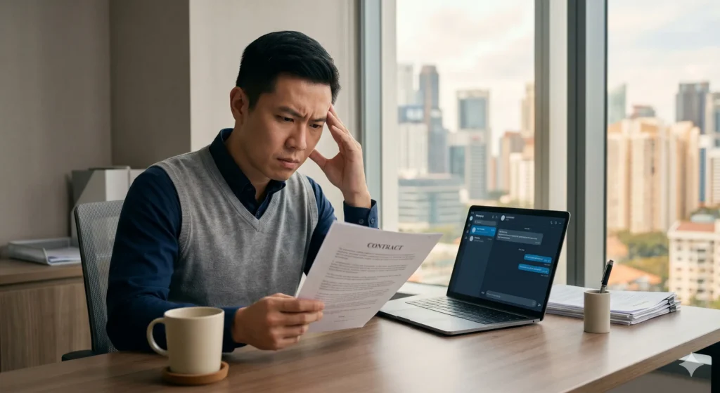 Singapore SME business owner reviewing a social media agency contract at a desk