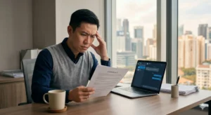 Singapore SME business owner reviewing a social media agency contract at a desk