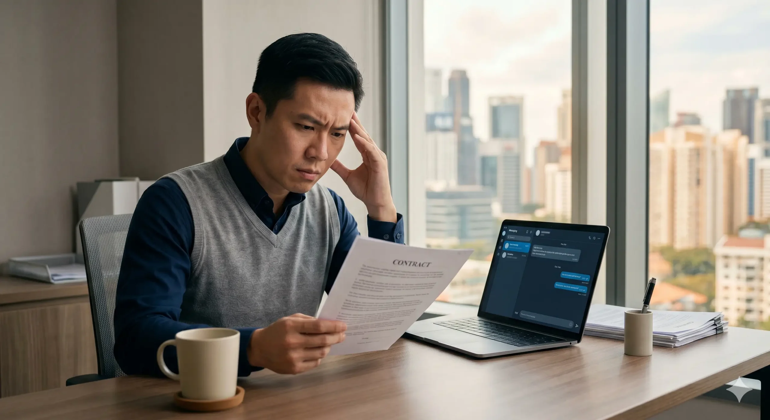 Singapore SME business owner reviewing a social media agency contract at a desk