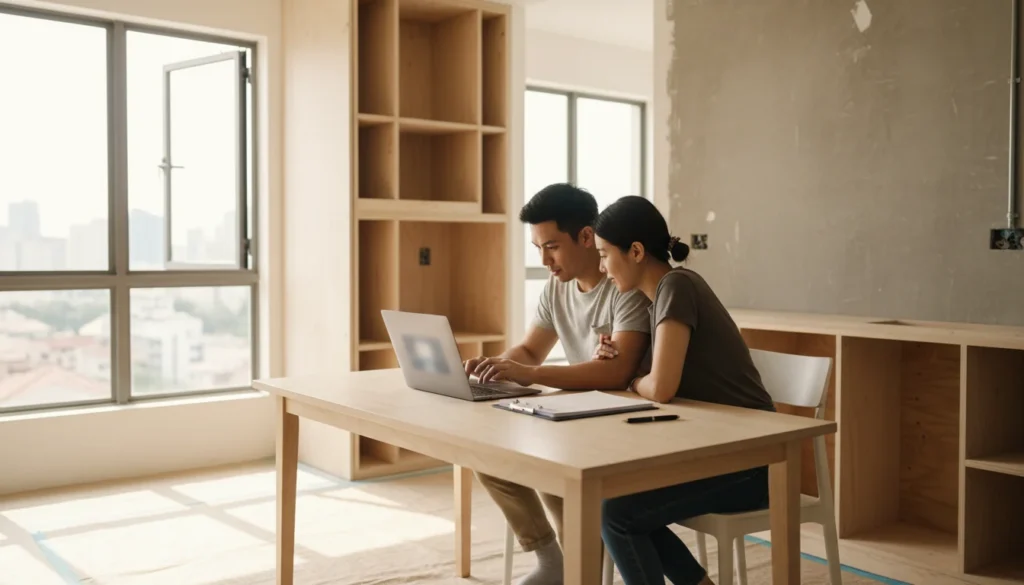 Couple reviewing renovation quotation documents on a laptop in a partially renovated Singapore flat