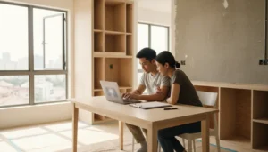 Couple reviewing renovation quotation documents on a laptop in a partially renovated Singapore flat